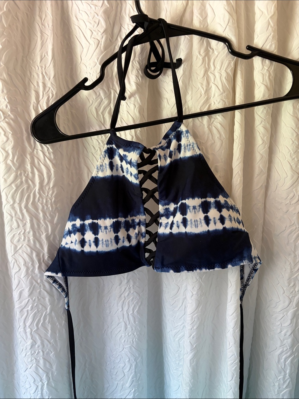 Navy Blue & White Tie-Dye Lace-Up Halter Bikini Top